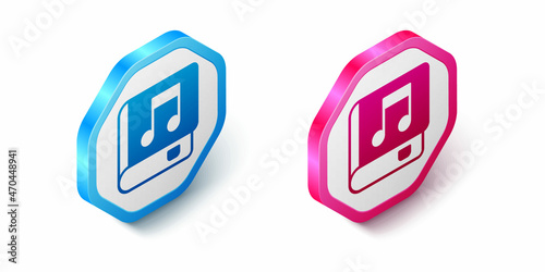 Isometric Audio book icon isolated on white background. Musical note with book. Audio guide sign. Online learning concept. Hexagon button. Vector