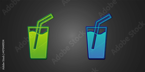 Green and blue Glass with water icon isolated on black background. Soda glass. Vector