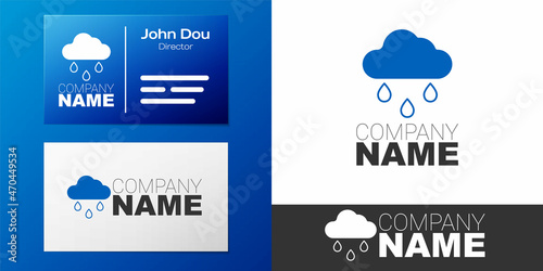 Logotype Cloud with rain icon isolated on white background. Rain cloud precipitation with rain drops. Logo design template element. Vector