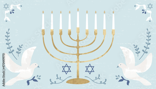A menorah, doves, and details in a cut paper style with textures
