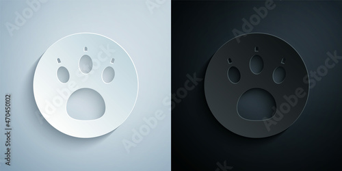 Paper cut Paw search icon isolated on grey and black background. Magnifying glass with animal footprints. Paper art style. Vector