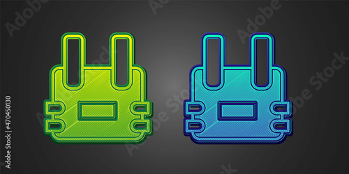 Green and blue Bulletproof vest for protection from bullets icon isolated on black background. Body armor sign. Military clothing. Vector