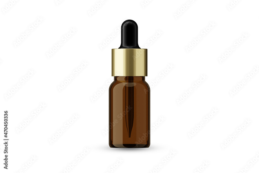 Amber Glass Essential Oil Bottle with Golden Cap and Dropper for Mockup Creation 3D Rendering