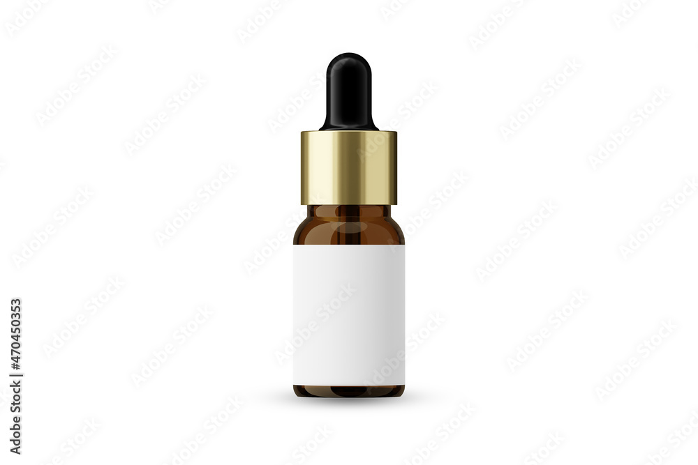 Amber Glass Essential Oil Bottle with Golden Cap and Dropper and Blank Label for Mockup Creation 3D Rendering Amber Glass Essential Oil Bottle with Golden Cap and Dropper and Blank Label for Mockup Creation 3D Rendering