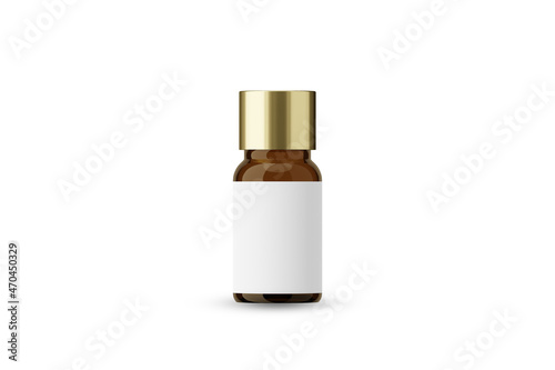 Amber Glass Essential Oil Bottle with Golden Cap and Blank Label for Mockup Creation 3D Rendering