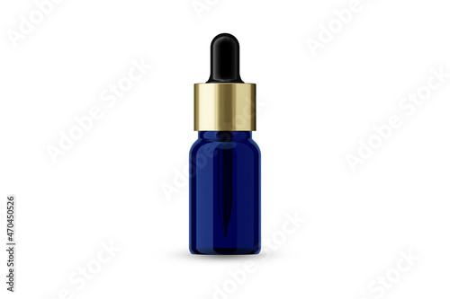 Blue Glass Essential Oil Bottle with Golden Cap and Dropper for Mockup Creation 3D Rendering