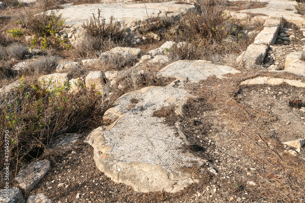 Remains  of an ancient mosaic of a 6th-century Orthodox church at Tel Shikmona, on the shores of the Mediterranean Sea, near Haifa city, on north of Israel