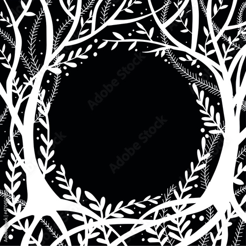 black and white drawing, round frame with a magic, fairy forest. ornament trees and herbs. background for books, postcards.