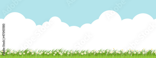 Seamless pattern Spring nature background with blue sky,white cloud, cute daisy and grass land.Vector Endless Summer green field of meadow and wildflower, Horizontal border for Easter holiday backdrop