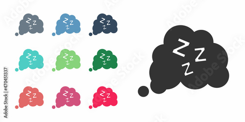 Black Sleepy icon isolated on white background. Sleepy zzz talk bubble. Set icons colorful. Vector