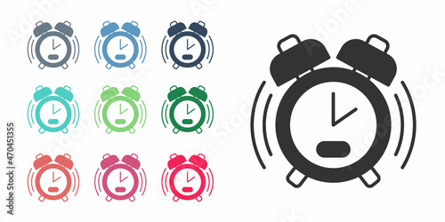 Black Alarm clock icon isolated on white background. Wake up, get up concept. Time sign. Set icons colorful. Vector