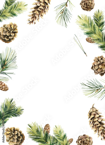 Watercolor Christmas composition. Hand painted with spruce branches and pinecones cone isolated on white background. Illustration for design or print.