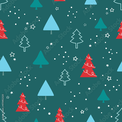 Christmas tree seamless pattern with stars and snow