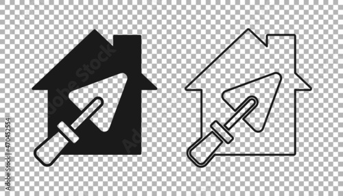 Black House or home with trowel icon isolated on transparent background. Adjusting, service, setting, maintenance, repair, fixing. Vector
