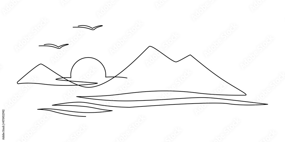 Sunset over the sea. Continuous line drawing illustration. Isolated on white background