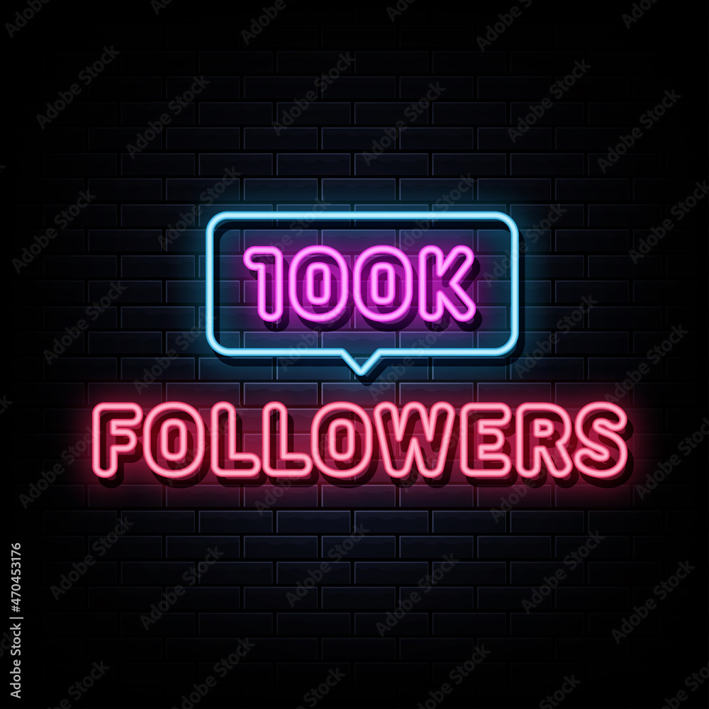 100K followers neon signs vector.