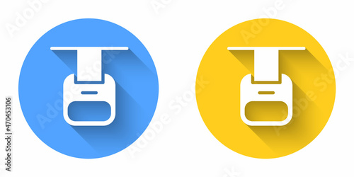 White Cable car icon isolated with long shadow background. Funicular sign. Circle button. Vector