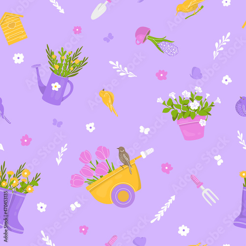 Seamless pattern with garden elements, flowers and birds on a purple background.