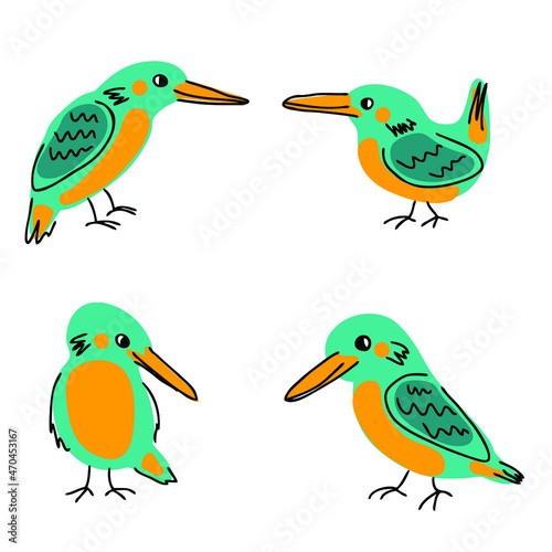 Hand drawn Kingfisher birds collection. Perfect for T-shirt  stickers  textile and print. Doodle vector illustration for decor and design.  