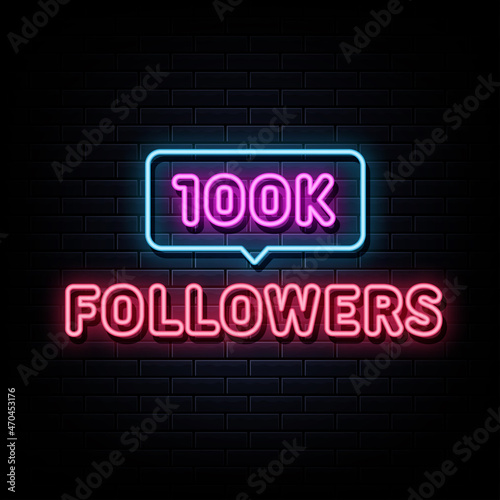 100K followers neon signs vector.