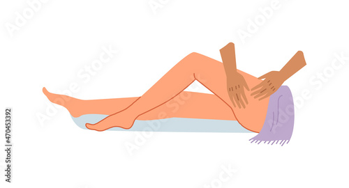 Masseur therapist hands make anti cellulite massage to young woman in spa salon. Vector caucasian or asian woman getting legs massaging. Body care beauty concept, special anticellulite treatment