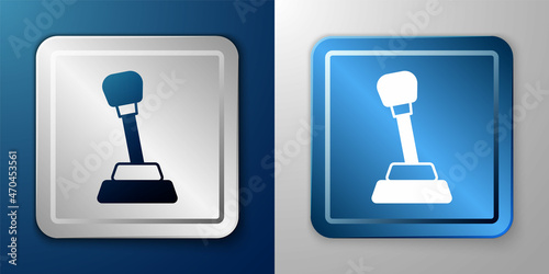 White Gear shifter icon isolated on blue and grey background. Manual transmission icon. Silver and blue square button. Vector