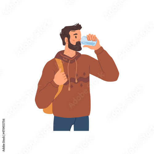 Male character drinking purified water from bottle. Vector caring for health and dieting, consuming liquid and cleansing organism from toxins. Thirsty bearded man with backpack, student or tourist