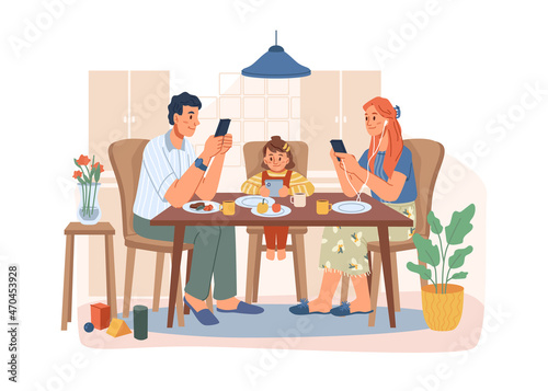 Parents and child sitting by table using smartphones at lunch. Vector in flat style. Addiction to gadgets and social media communication, networking and leisure. Family chatting on application