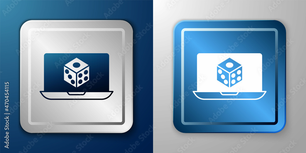 White Game dice icon isolated on blue and grey background. Casino gambling. Silver and blue square button. Vector