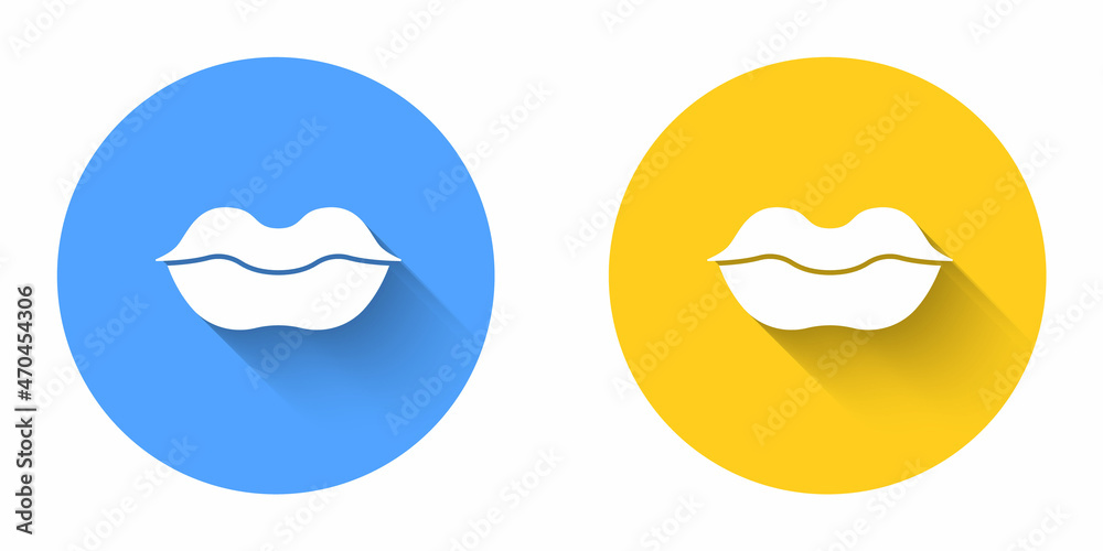 White Smiling lips icon isolated with long shadow background. Smile symbol. Circle button. Vector White Smiling lips icon isolated with long shadow background. Smile symbol. Circle button. Vector