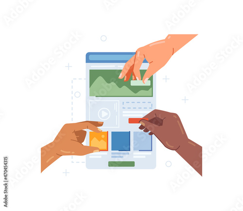 Web designers working on UX mobile application interface. Vector programming and user usability development, graphic and visual view of webpage or app. Hands with parts building new projects