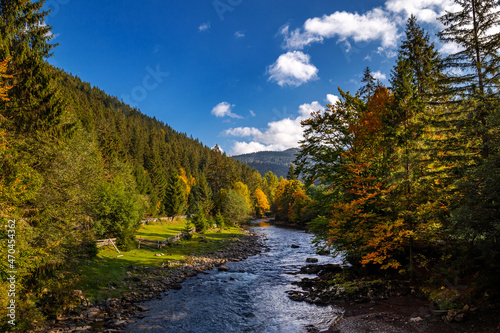 Mountain river in the autumn Carpathians on a sunny day