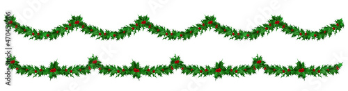 Two endless garlands of holly leaves with red berries on a transparent background