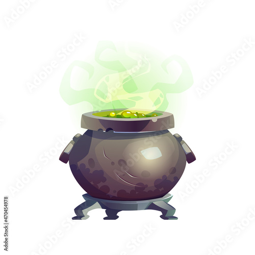 Witchcraft green steaming drink in cauldron with boiling potion isolated cartoon design agic brewing pot on legs stands. Vector witchcraft cooking food or meal, wizard mystery soup, Halloween mascot