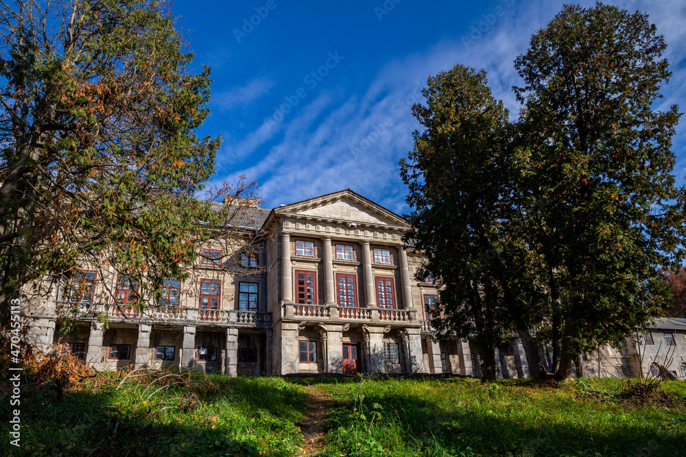 Beautiful palace of the Orlovskys in the village of Maliyivtsi in autumn day.