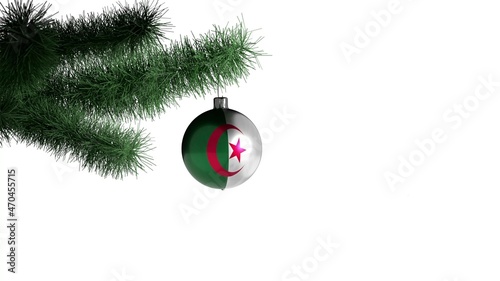 New Year's ball with the flag of Algeria on a Christmas tree branch isolated on white background. Christmas and New Year concept. photo