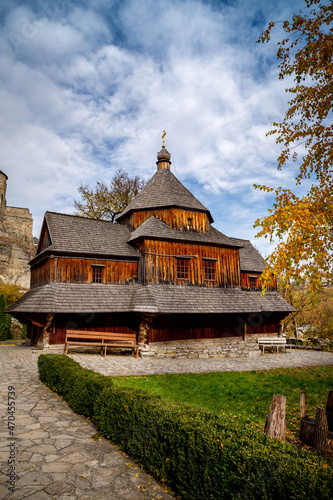 Wooden church on an autumn day in Kamianets-Podilskyi.