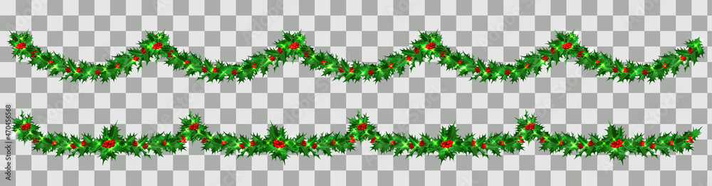 Two endless garlands of holly leaves with red berries and lights on a