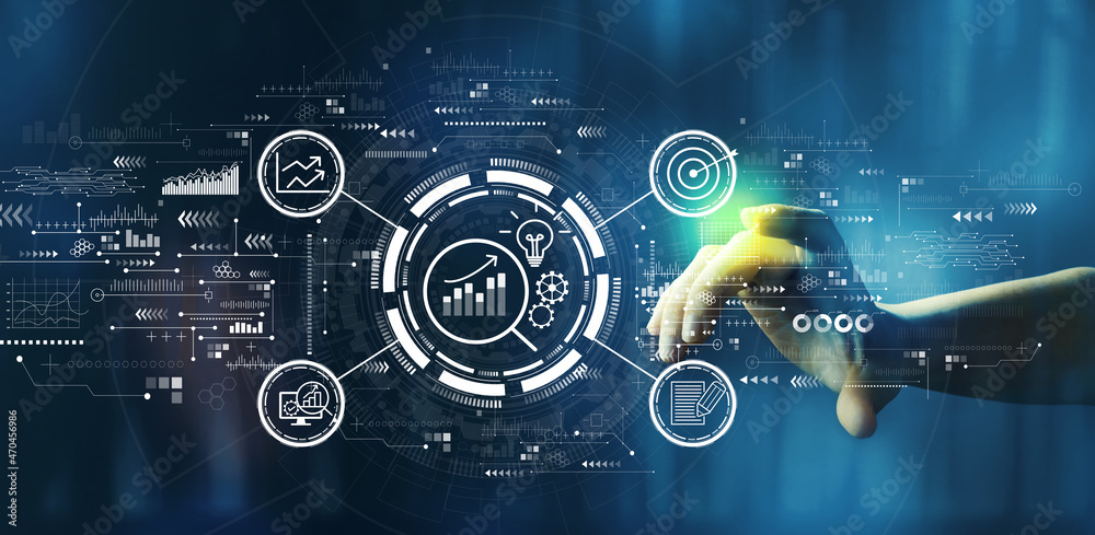 Data Analysis concept with hand pressing a button on a technology screen Data Analysis concept with hand pressing a button on a technology screen