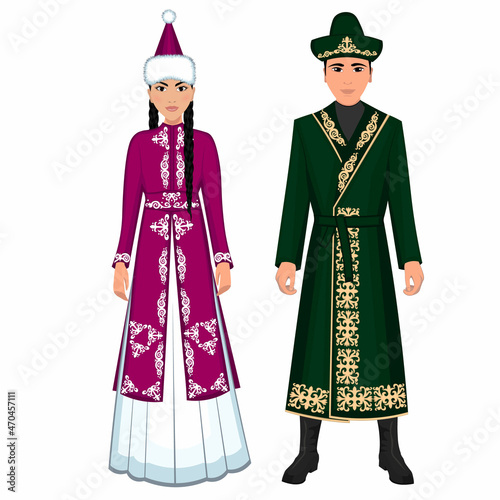 Woman and man in folk national Kazakh costumes. Vector illustration