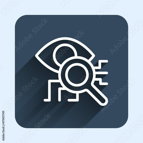 White line Eye scan icon isolated with long shadow background. Retinal scan. Scanning eye. Security check symbol. Cyber eye sign. Blue square button. Vector