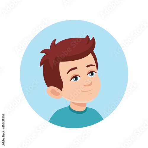 Avatar, portrait of a kid, child caucasian boy in round frame. Vector illustration in cartoon flat style