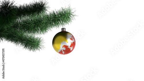 New Year ball with the flag of Bhutan on a Christmas tree branch isolated on white background. Christmas and New Year concept.