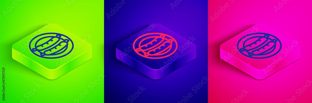 Isometric line Sausage icon isolated on green, blue and pink background. Grilled sausage and aroma sign. Square button. Vector