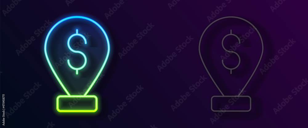 Glowing neon line Cash location pin icon isolated on black background. Pointer and dollar symbol. Money location. Business and investment concept. Vector Glowing neon line Cash location pin icon isolated on black background. Pointer and dollar symbol. Money location. Business and investment concept. Vector