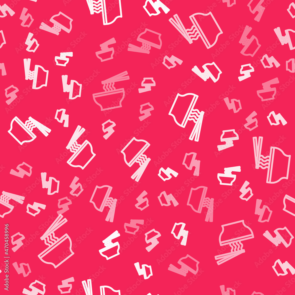 White line Asian noodles in bowl and chopsticks icon isolated seamless pattern on red background. Street fast food. Korean, Japanese, Chinese food. Vector White line Asian noodles in bowl and chopsticks icon isolated seamless pattern on red background. Street fast food. Korean, Japanese, Chinese food. Vector