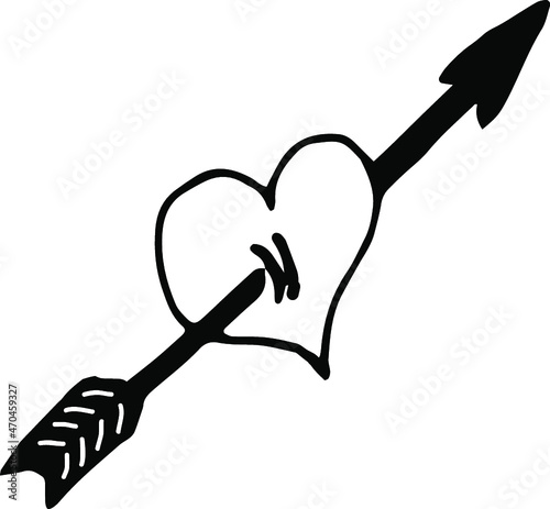 A hand-drawn vector illustration of a heart pierced by an arrow. Unrequited love. A broken heart. A separate vector element. Valentine's day. lovers' holiday.