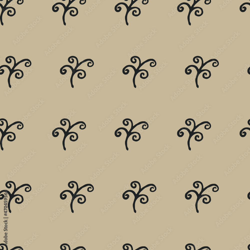 Ornament, pattern of squiggles, lambs, twigs curved on a light coffee, brown background. For presentations, backgrounds, postcards. Ornament, pattern of squiggles, lambs, twigs curved on a light coffee, brown background. For presentations, backgrounds, postcards.