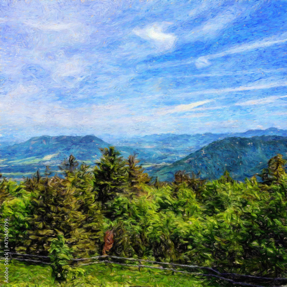 Obraz premium Beautiful landscape painting art in big size. Nature scene drawing artwork. Illustration for design digital or print work - poster, postcard, canvas, paper and else touristic production.