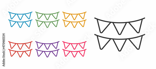 Set line Carnival garland with flags icon isolated on white background. Party pennants for birthday celebration, festival decoration. Set icons colorful. Vector